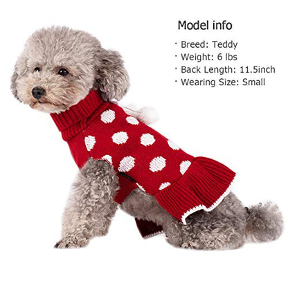KYEESE Dog Sweater Dress with Leash Hole Small Turtleneck for Girl Dog Sweater Dress Polka Dot Knit Warm Puppy Sweaters with Pom Pom Ball - color: 04# Polkadot (Red), size: X-Small (2-3lbs)