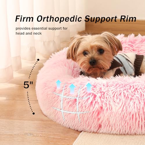 NOYAL Calming Donut Dog Bed for Small to Medium Dogs & Cats - Plush Faux Fur Anti-Anxiety Pet Bed with Machine Washable Cover & Non-Slip Base - color: Gradient Pink, size: X-Small 15.7''
