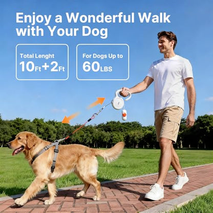 16Ft Auto-Brake Retractable Dog Leash with Chew-Proof Steel Cable, 360° Tangle-Free, Shock Absorbing, Built-in Poop Bag Dispenser - color: White, size: 16Ft-Large