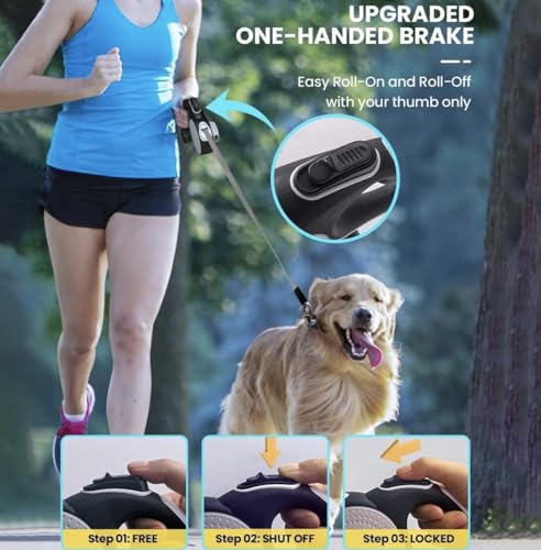 Retractable Dog Leash with LED Light for Night Walking – 16ft Tangle-Free Leash with Poop Bag Dispenser, One-Button Lock, Reflective Handle