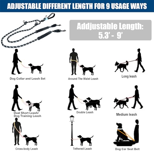 Two Point Control & Hands Free Dog Leash, Waist & Crossbody Leash with Car Seat Belt Clip, Heavy Duty Reflective & Tangle-Free, No Pull Harnesses Compatible for Large Medium Dogs, Black