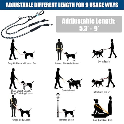 Two Point Control & Hands Free Dog Leash, Waist & Crossbody Leash with Car Seat Belt Clip, Heavy Duty Reflective & Tangle-Free, No Pull Harnesses Compatible for Large Medium Dogs, Black