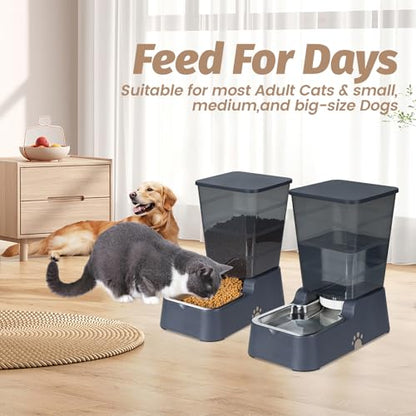 Automatic 5.4L/1.4Gal Pet Waterer, Automatic Dog Water Dispenser Gravity Stainless Steel Water Feeder, Large Capacity Feeding Bowls for Cats and Medium & Large-Sized Dogs (Black, Food+Water) - color: Black, size: Food and Water