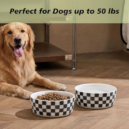 6.4 inch Ceramic Hand Painted Basic Dog Bowl Set of 2 with Anti-Skid Rubber Base, Food and Water Bowls for Small Pets,Black - color: Black