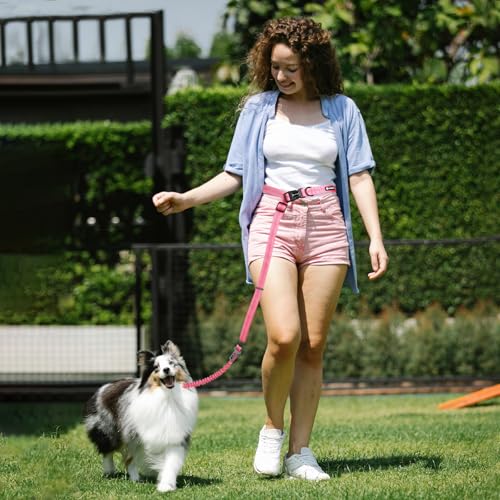 Heavy Duty Hands Free Multifunctional Dog Leash - Adjustable, Reflective, Waist Leash for Dog Walking, Running, Hiking - 5-7FT - color: Pink