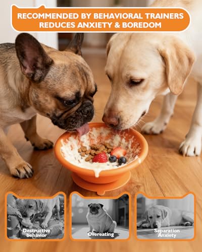 Dog Lick Bowl, Non-Slip Slow Feeder Licking Mat & Treat Dispenser (Wide Bowl Mouth w/Inlaid Stainless Steel Ring) - Interactive Toys, Anxiety Reducer, Freeze Bone for Dogs, BPA Free Silicone - color: orange