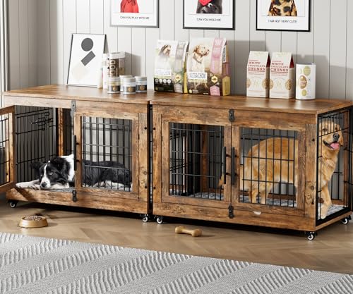 Lulive Dog Crate Furniture Set of 2, Dog Kennel Indoor Double Doors Wooden Dog Cage, 38'' Heavy Duty Dog Crate with Cushion & Wheels, End Table Pet House Chew-Resistant Up to 70 lb, Rustic Brown - color: Set of 2 Brown, size: 38.5"L x 25.2"W x 26.8"H