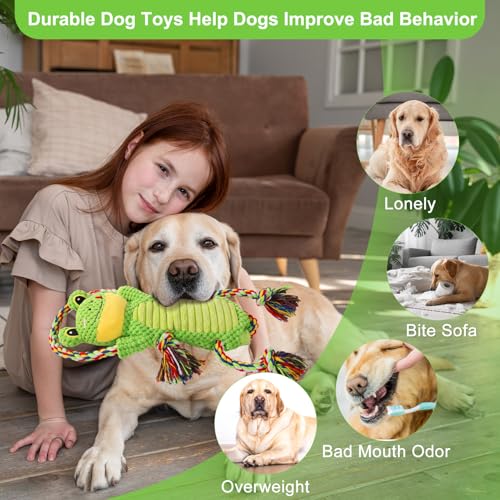 Drmstow Dog Toys for Aggressive Chewers - Interactive Plush Squeaky Toy with Crinkle Paper & Rope, Durable Chew Toys for Anxiety Relief, Small Medium Large Dogs - color: Green1