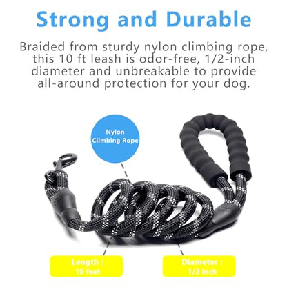 Dog Leash 10 ft, with Comfortable Padded Non-Slip Handle, Reflective Nylon Rope, Heavy Duty Rope Leash for Dog Training, Pet Leash for Large Dogs Medium Dogs Small Dogs Outdoor Walks and Hiking