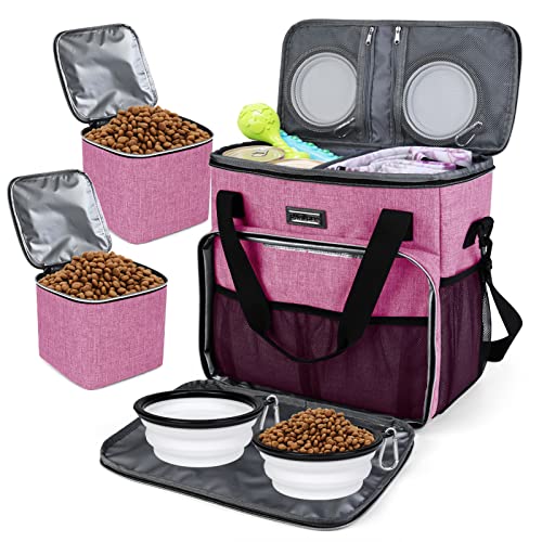 BAGLHER Dog Travel Bag, Pet Travel Bag (ALL Pet Travel Supplies), With 2 Pet Food Containers and 2 Collapsible Silicone Bowls; Essential Kits for Pet Travel Pink - color: Pink, size: Medium