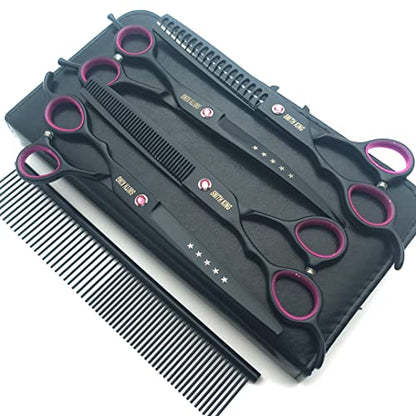 Professional Dog Grooming Shears Set Dogs Straight & thinning & Curved scissors & chunkers Scissorswith comb in 1 Set for Right-handed & Left-handed (7 in. Black Left-handed) - color: 7 In. Black Left-handed