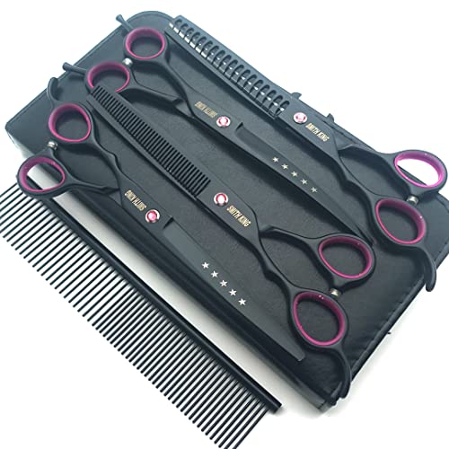 Professional Dog Grooming Shears Set Dogs Straight & thinning & Curved scissors & chunkers Scissorswith comb in 1 Set for Right-handed & Left-handed (7 in. Black Left-handed) - color: 7 In. Black Left-handed