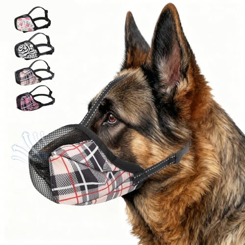 KOOLTAIL Dog Muzzle, Soft Muzzle for Small Medium Large Sized Dogs to Anti & Prevent Barking Grooming Biting, Reflective Adjustable Air Mesh Basket Muzzles, Allows Panting and Drinking, Beige Plaid M - color: Beige Plaid, size: Medium