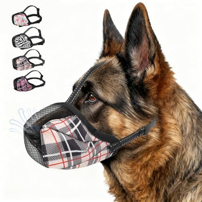 KOOLTAIL Dog Muzzle, Soft Muzzle for Small Medium Large Sized Dogs to Anti & Prevent Barking Grooming Biting, Reflective Adjustable Air Mesh Basket Muzzles, Allows Panting and Drinking, Beige Plaid M - color: Beige Plaid, size: Medium
