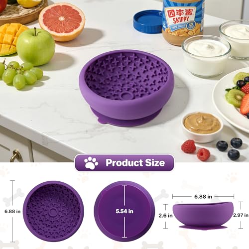 Dog Lick Bowl Slow Feeder with Slanted Anti-Spill Design, Extra-Thick Bite-Resistant Rim, Strong Suction Base, Freezer Safe for Frozen Treats — A Cleaner Alternative to Lick Mats for Dogs (Purple) - color: Purple