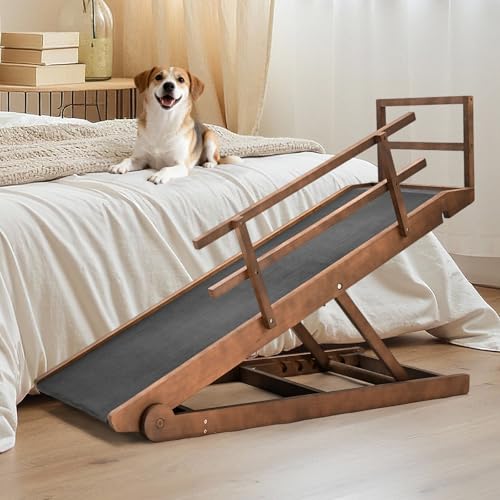 SLSY Dog Ramp for Beds & Couches, Folding Adjustable Pet Ramp with Non-Slip Rubber Mat, 55" Long, 5 Heights (15.7"–27.5"), Wooden Ramp Supports Up to 220 lbs for Dogs & Cats (Brown) - color: Walnut, size: L for 27.5''H Bed