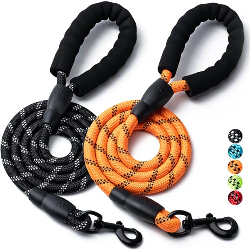 2 Pack Dog Leash, 4/5//6 FT Heavy Duty Nylon Rope Pet Leashes with Comfortable Padded Handle, Reflective Dog Leashes for Small Medium and Large Dogs (5FT-1/2,Black/Orange) - color: 2PCS-Black+Orange, size: 1/2"x 5 FT (18~120 lbs.)