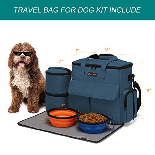 Modoker Dog Travel Bag, Weekend Pet Travel Set for Dog and Cat, Airline Approved Tote Organizer with Multi-Function Pockets, 2 Food Storage Containers, 2 Collapsible Bowls, 1 Feeding Mat (Blue) - color: Blue