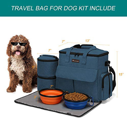 Modoker Dog Travel Bag, Weekend Pet Travel Set for Dog and Cat, Airline Approved Tote Organizer with Multi-Function Pockets, 2 Food Storage Containers, 2 Collapsible Bowls, 1 Feeding Mat (Blue) - color: Blue