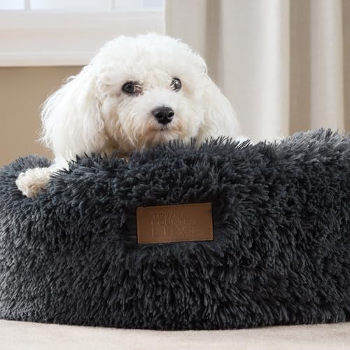 Town & Country Luxe CuddleTown Fuzzy Solid Donut Pet Bed, Soft, Cozy & Calming, Non-Slip Bottom, 100% Machine Washable, Dark Grey, Small 24"x24"x7" Round - color: Dark Grey, size: Small 24"x24"x7" Round