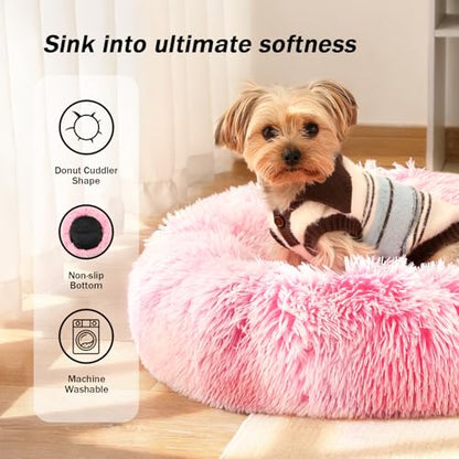 NOYAL Calming Donut Dog Bed for Small to Medium Dogs & Cats - Plush Faux Fur Anti-Anxiety Pet Bed with Machine Washable Cover & Non-Slip Base - color: Gradient Pink, size: X-Small 15.7''