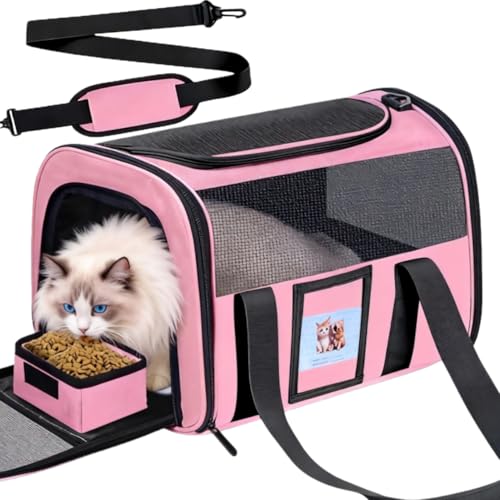 Soft Cat Carrier for Pets Up to 15 lbs, TSA Approved for Airline in-Cabin, Cat Travel Bag with Detachable Cat Food Bowl, Pet Carriers for Small Dogs, Waterproof Travel Puppy Carry, Pink - color: Pink, size: 17.0"L x 12.0"W x 11.0"H