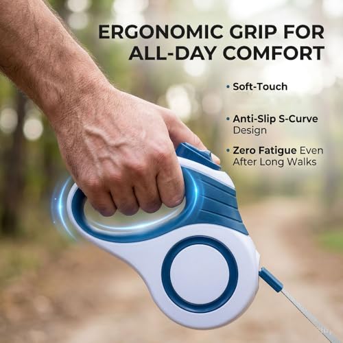 360° Tangle-Free Retractable Dog Leash, 16ft Strong Nylon Tape, Anti-Slip Rubber Handle, One-Handed Brake Pause Lock, for Small to Medium Dogs Up to 55 lbs, (Blue White)