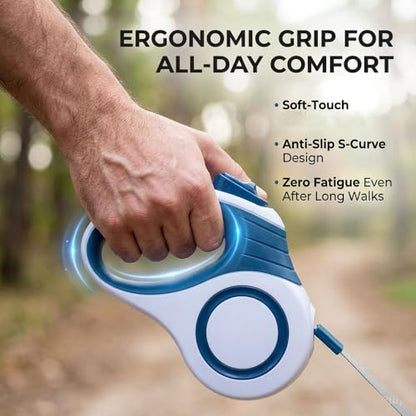 360° Tangle-Free Retractable Dog Leash, 16ft Strong Nylon Tape, Anti-Slip Rubber Handle, One-Handed Brake Pause Lock, for Small to Medium Dogs Up to 55 lbs, (Blue White)