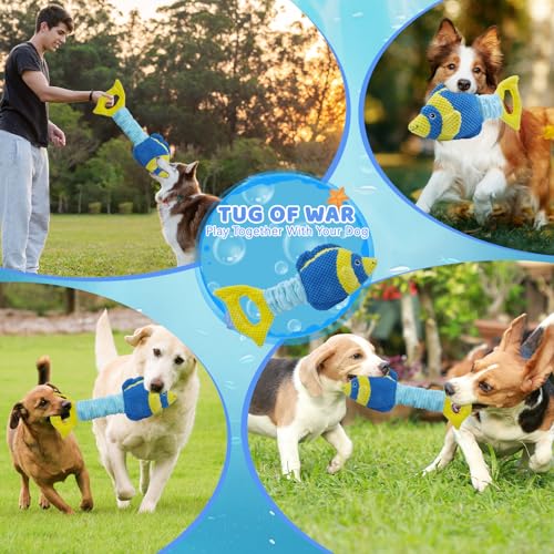 YZHDUXIU Fish Dog Squeak Toys, Elastic Band Tug of War Dog Toy with Crinkle | Plush fish with squeaker & crinkle fins; stretchy elastic band; soft PP cotton; gentle on teeth; for puppies medium adults - color: Blue Yellow Fish