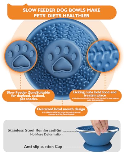 Dog Lick Bowl, Non-Slip Slow Feeder Licking Mat & Treat Dispenser (Wide Bowl Mouth w/Inlaid Stainless Steel Ring) - Interactive Toys, Anxiety Reducer, Freeze Bone for Dogs, BPA Free Silicone(Blue) - color: blue