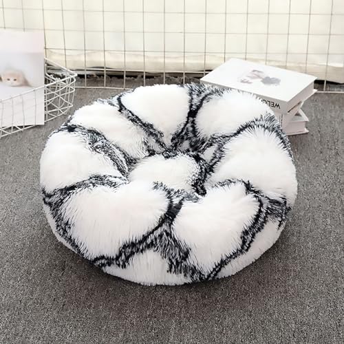 Calming Dog Bed for Small Dogs, Calming Donut Cuddler Pet Bed Anti Anxiety Round Dog Bed Fluffy Plush Faux Fur Cat Bed,Black+White,19.7IN - color: Black+white, size: 19.7IN