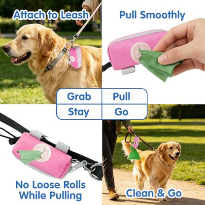 Dog Poop Bag Holder Zippered Pouch, Portable Waste Bag Dispenser with 1 Metal Clip, Fashion Color Matching Canvas Holder for Leashes - Pink - color: Pink