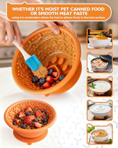Dog Lick Bowl, Non-Slip Slow Feeder Licking Mat & Treat Dispenser (Wide Bowl Mouth w/Inlaid Stainless Steel Ring) - Interactive Toys, Anxiety Reducer, Freeze Bone for Dogs, BPA Free Silicone - color: orange