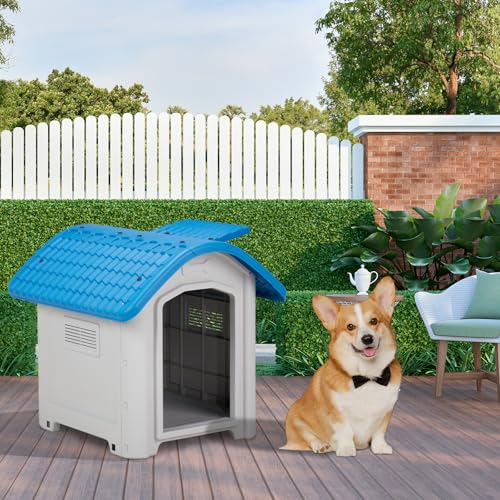 28 inch Raised Plastic Dog House, Outdoor Indoor Doghouse with Adjustable Sunroof and Elevated Base, Water Resistant Pet House Animal Puppy Shelter Kennel for Small Medium Dogs, Blue & White