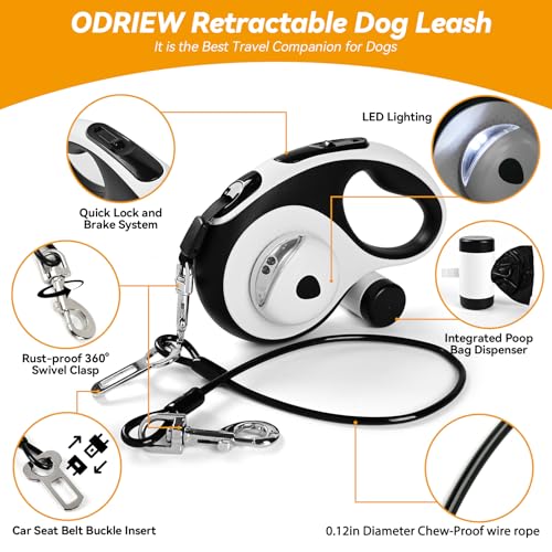 Heavy Duty Retractable Dog Leash for Large Dogs, 26ft Dog Leash with Poop Bag Holder, Up to 110lbs, chew Proof Cable, LED Light, 360° No-Tangle, One-Handed Pause & Locked (White, L 26ft) - color: White