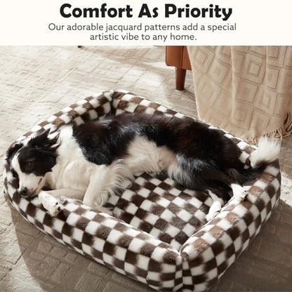 JOEJOY Large Dog Beds Large Sized Dog, Removable Washable Cover Orthopedic Soft Faux Rabbit Fur Pet Bed, Anti-Slip Fluffy Plush Faux Rabbit Fur Puppy Bed, 36"x27"x8", Checkered, Brown - color: Brown, size: L (36"x27"x8")