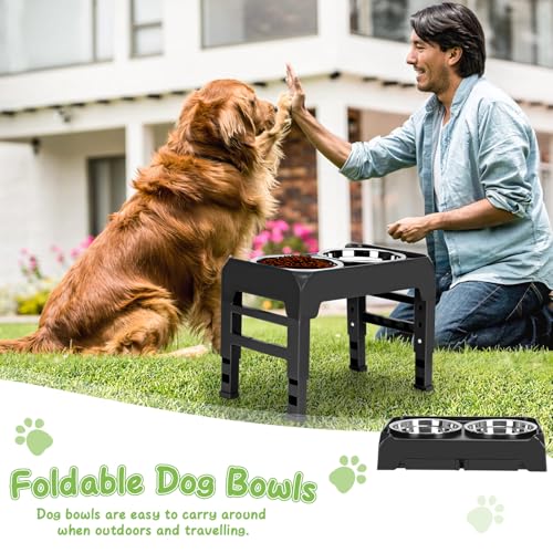 Elevated Bowls with Adjustable Heights - Raised Stand with 2 Stainless Steel Food Bowls, Non-Slip Foldable Feeder for Medium Large Dogs, Adjusts to 12.36", 10.75", 9.2", 3.7", Black - color: Black, size: Medium dogs