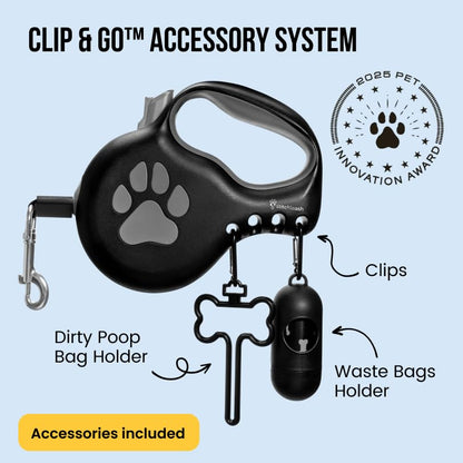 Retractable Dog Leash for Large & Extra Large Dogs (Up to 110lbs) - Customizable, Patented, Reflective Design, Ergonomic Handle, Includes Hooks & Poop Bag Holder & Dispenser - Black - color: Black, size: L/XL - Up to 110 Lbs