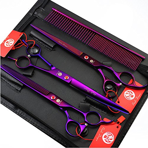 Purple Dragon 8 inch 3 in 1 Professional Pet Grooming Thinning Scissors - Upward Curved Shears and Dog Hair Cutting Scissor - Perfect for Pet Groomer or Family DIY Use (Purple) - color: Purple