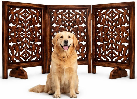 Free Standing Dog Gate – 3 Panel Foldable Wooden Pet gate Indoor 54" W x 24" H, Hand-Carved Solid Wood & MDF, Portable Indoor gate for doorways, Halls, Stairs – Fully Assembled_Burnt Finish - color: Burnt, size: 54"x24" Leaf 3 Panels