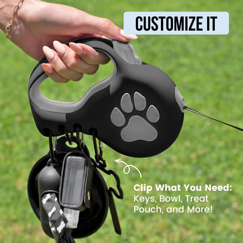 Retractable Dog Leash for Small & Medium Dogs (Up to 55lbs) - Customizable, Patented, Reflective Design, Ergonomic Handle, Includes Hooks & Poop Bag Holder & Dispenser - Black - color: Black, size: S/M - Up to 55 Lbs