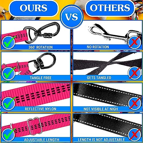 Dog Leash – Dual Reflective with Non-Tangle Design – Heavy Duty Nylon and Metal Buckles – Ideal (Pink, 2 Dog Leash) - color: Pink