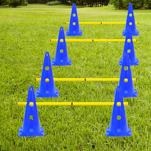 15 Inch Speed Agility Hurdles and Cones Set with 3 Height Level Detachable Jumping Hurdles for Beginner, Dog Training - color: Blue