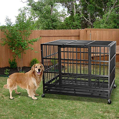 LEMBERI 42 Inch Heavy Duty Indestructible Dog Crate, High Capacity Escape Proof Double Door Kennel with Lockable Wheels, 35" Tall Medium Dog Cage with 0.8" Steel Tubes, Removable Tray, Black - color: Black, size: 42.5"L x 29.9"W x 34.5"H