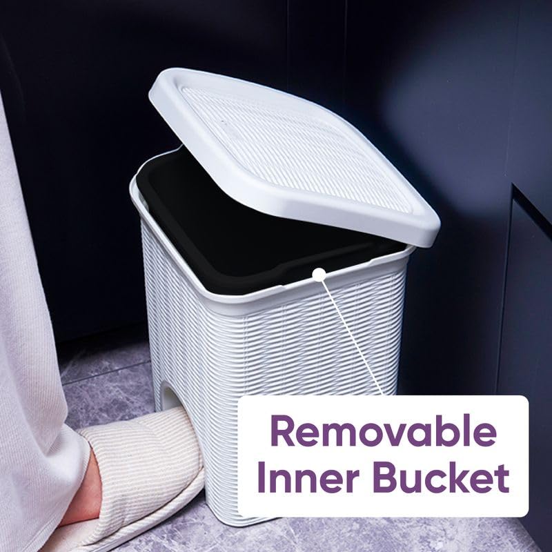 Superio Mini 6L Step Pedal Trash Can - Wicker Design, Hidden Mechanism, Durable Plastic, Ideal for Desktop, Countertop, Pet Waste/Dog Poop - White - color: White