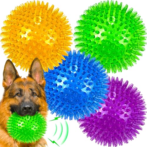 LECHONG 4-Pack Large Squeaky Dog Balls, 4.5" Rubber Spiky Dog Balls for Large Medium Aggressive Chewers Teeth Cleaning, Chew Toy for Training & Boredom Buster - size: L 4PACK