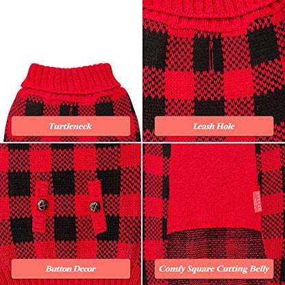 KYEESE Christmas Dog Sweaters Buffalo Check with Leash Hole Turtleneck Dogs Cable Knit Cat Sweater Small Dogs Pullover Dog Christmas Outfit for Cold Weather - color: 4# Christmas Red, size: Small (4-7lbs)