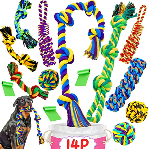 SHARLOVY XL Dog Chew Toys for Aggressive Chewers Large Breed, 14 Pack Tough Indestructible Dog Toys for Aggressive Chewers, Durable Puppy Chew Toys for Teething, Heavy Duty Cotton Rope Toys - color: 14 Packs, size: Large