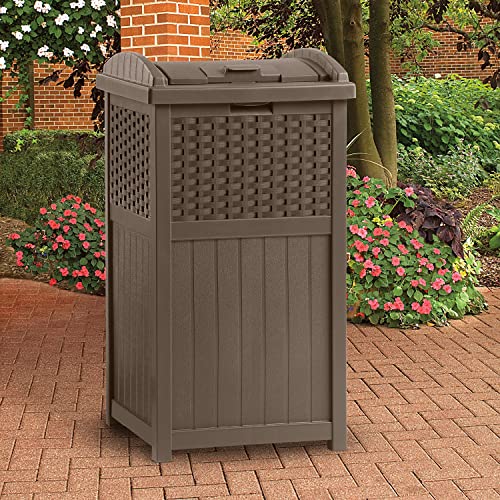 Suncast 33 Gallon Trash Hideaway Easy Assembly Durable Plastic Garbage Container with Wood Look Design, 1 Beige and Brown (2 Pack) - color: Beige/Brown, size: 2 Pack