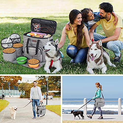 Modoker Dog Travel Organizer with 2 Collapsible Bowls for Supplies & Accessories, Airline Approved Dog Tote Pet Travel Bag with 2 Travel Food Container - color: Soft Grey